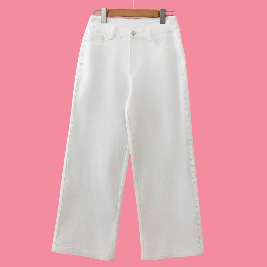Pearl Embellished Side Seam Ankle Length Shift Jeans