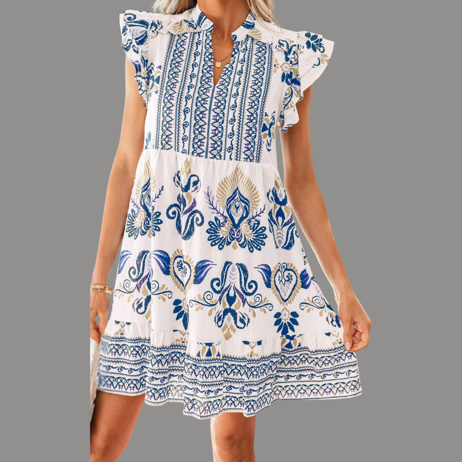Boho Floral Split Neck Ruffle Mini Dress