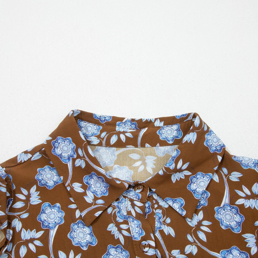Floral Ruffle Shirt Collar Buttoned Long Sleeve Dress