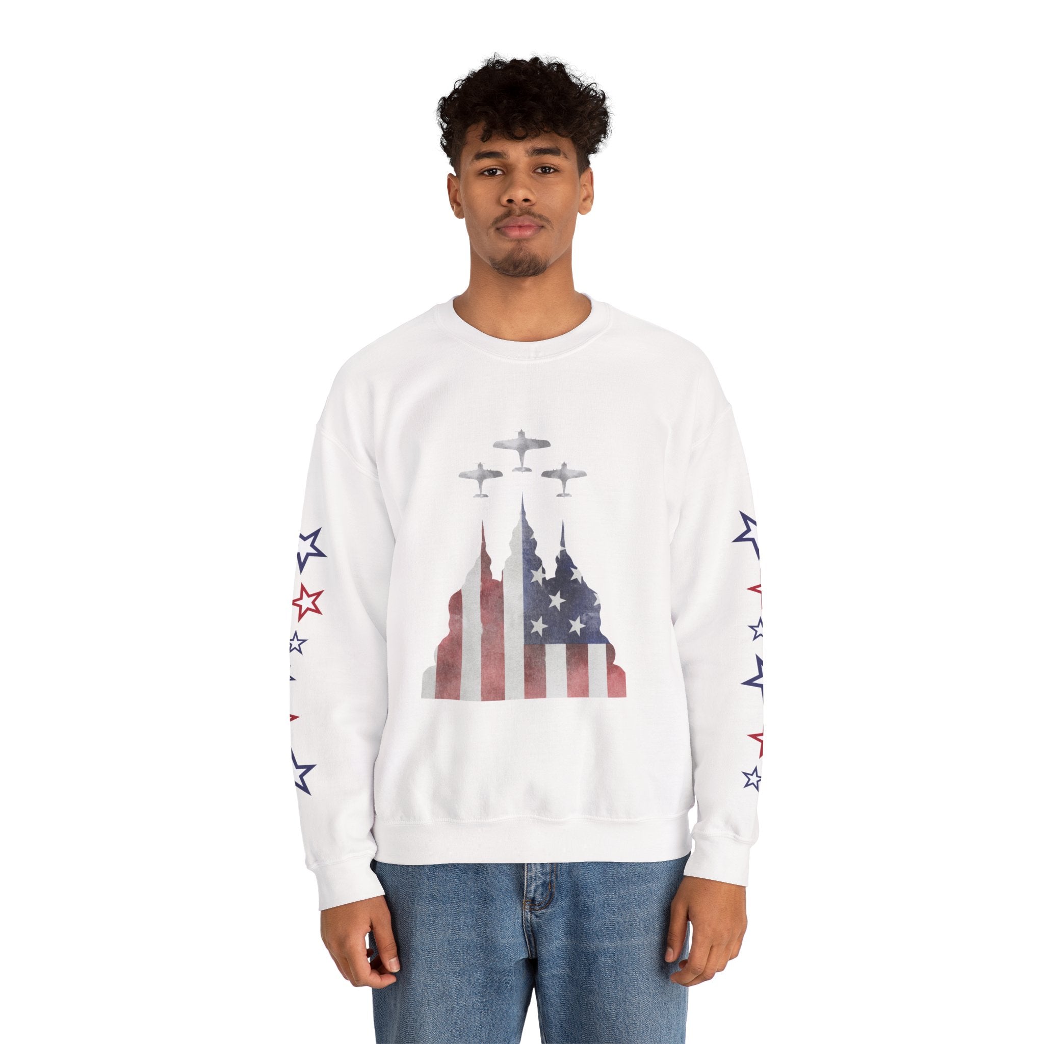 American Flag Castle Crewneck Sweatshirt — Patriotic Stars Sleeve Pullover