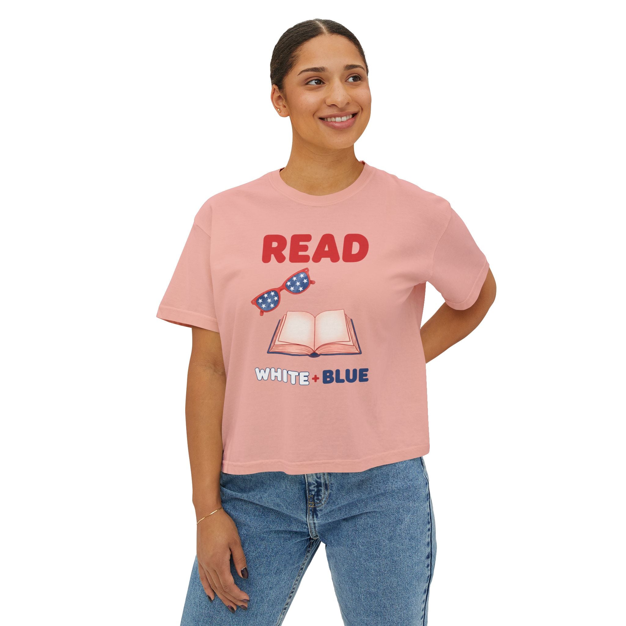 Women's Boxy Tee — "READ White + Blue" Patriotic Book Lover Shirt