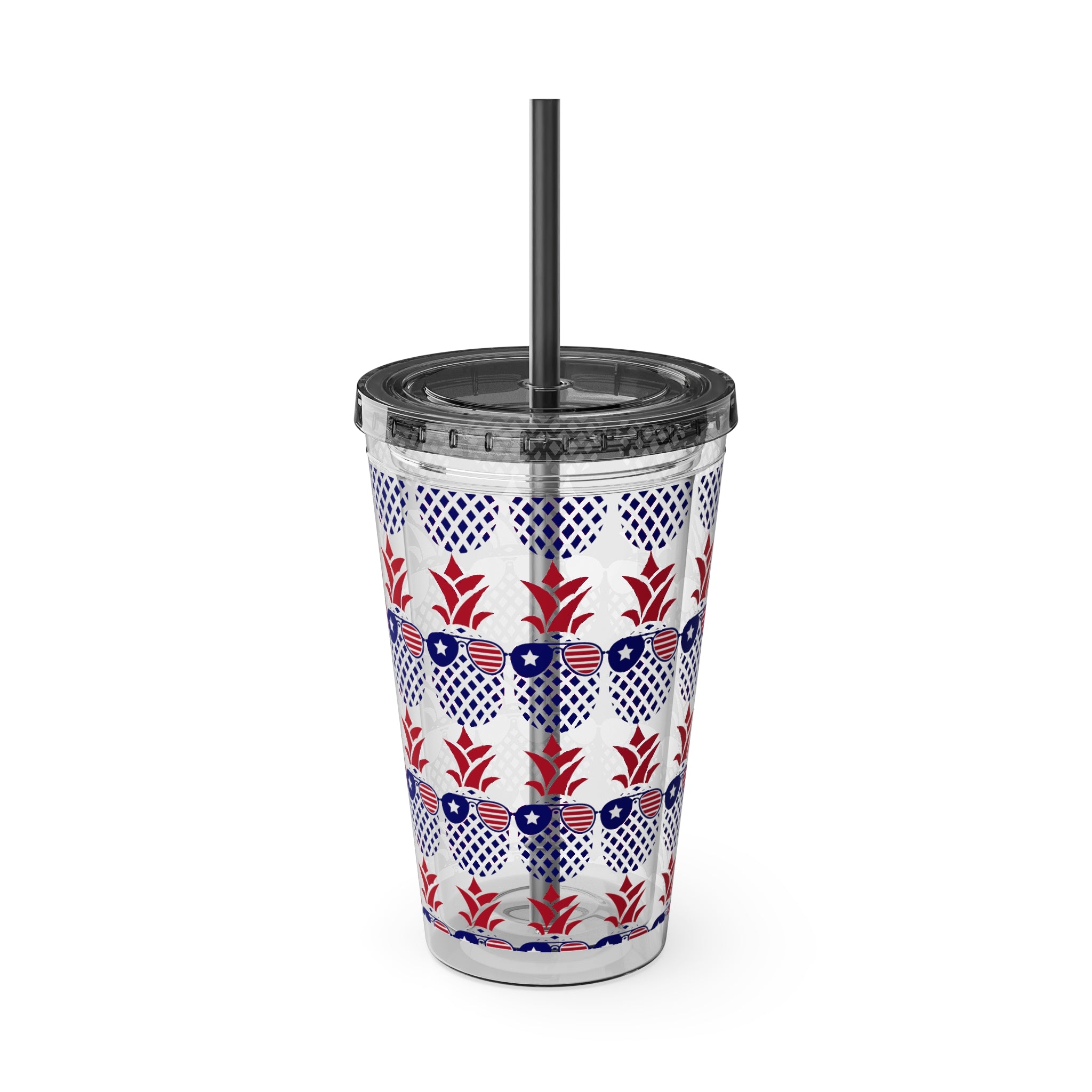 Patriotic Bow 16oz Tumbler with Straw — Red, White & Blue Stars Design