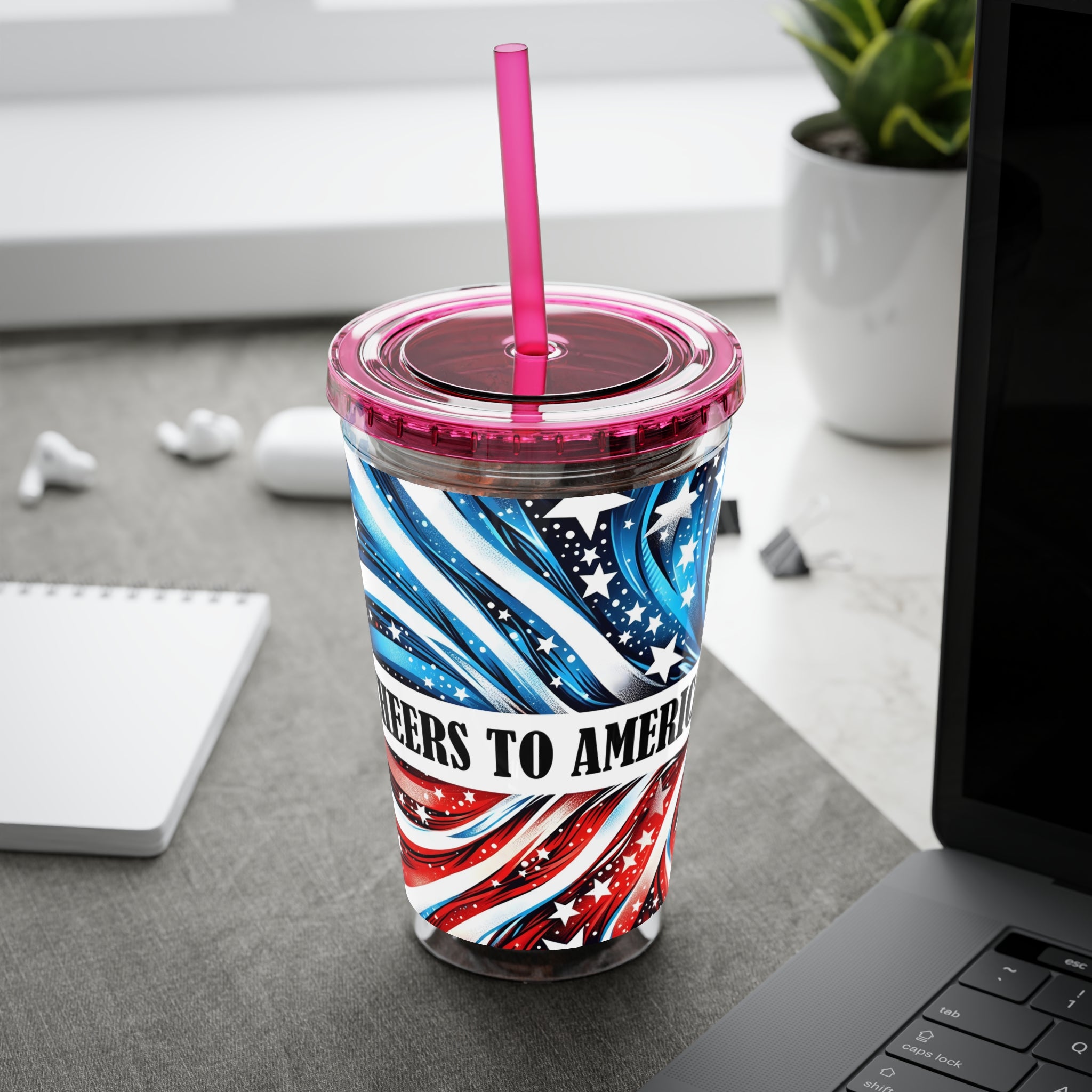 Patriotic Bow 16oz Tumbler with Straw — Red, White & Blue Stars Design