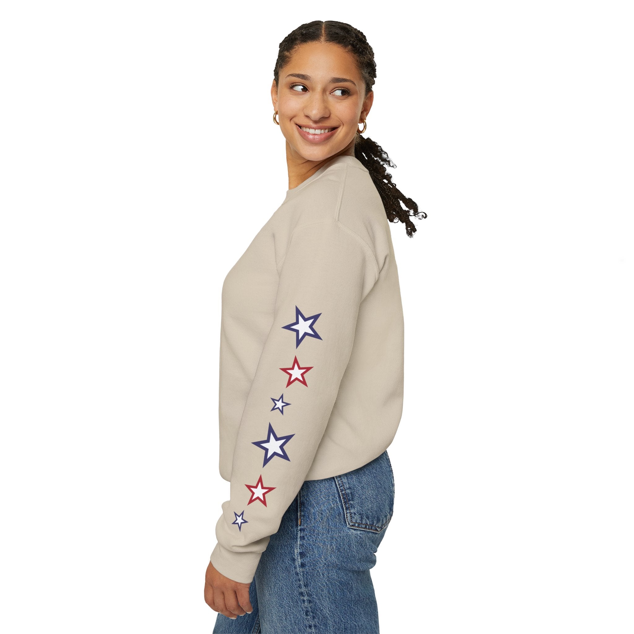American Flag Castle Crewneck Sweatshirt — Patriotic Stars Sleeve Pullover