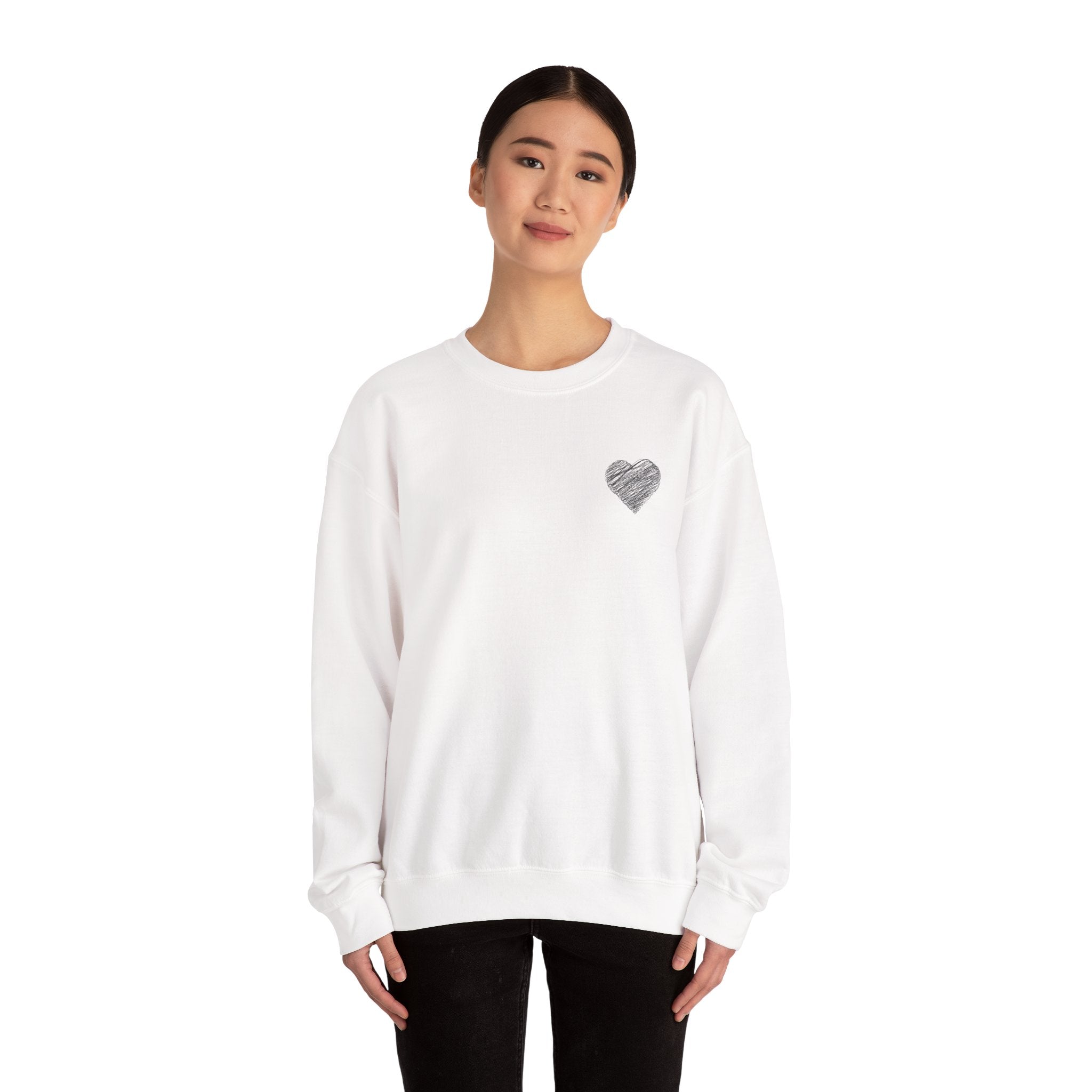 White Crewneck Sweatshirt with Small Gray Heart Chest Design
