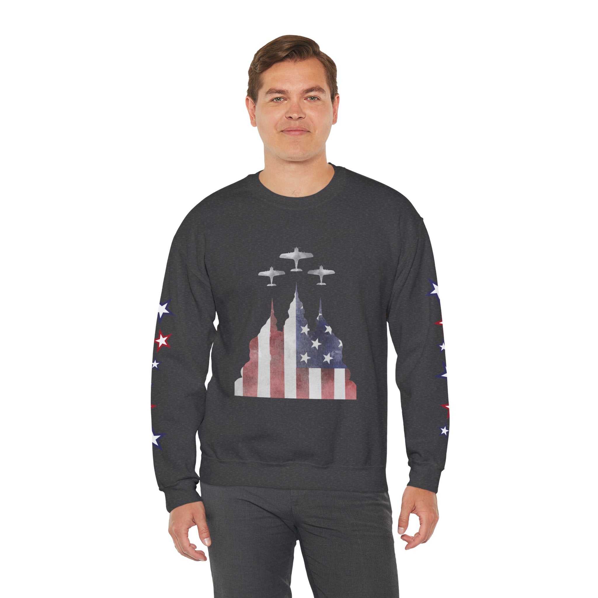 American Flag Castle Crewneck Sweatshirt — Patriotic Stars Sleeve Pullover
