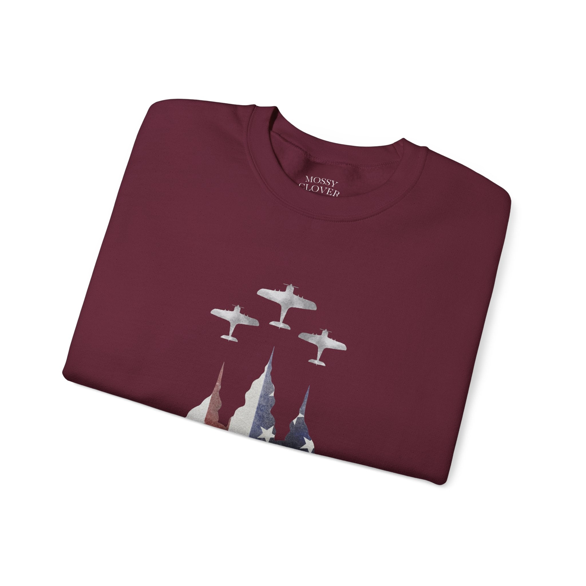American Flag Castle Crewneck Sweatshirt — Patriotic Stars Sleeve Pullover
