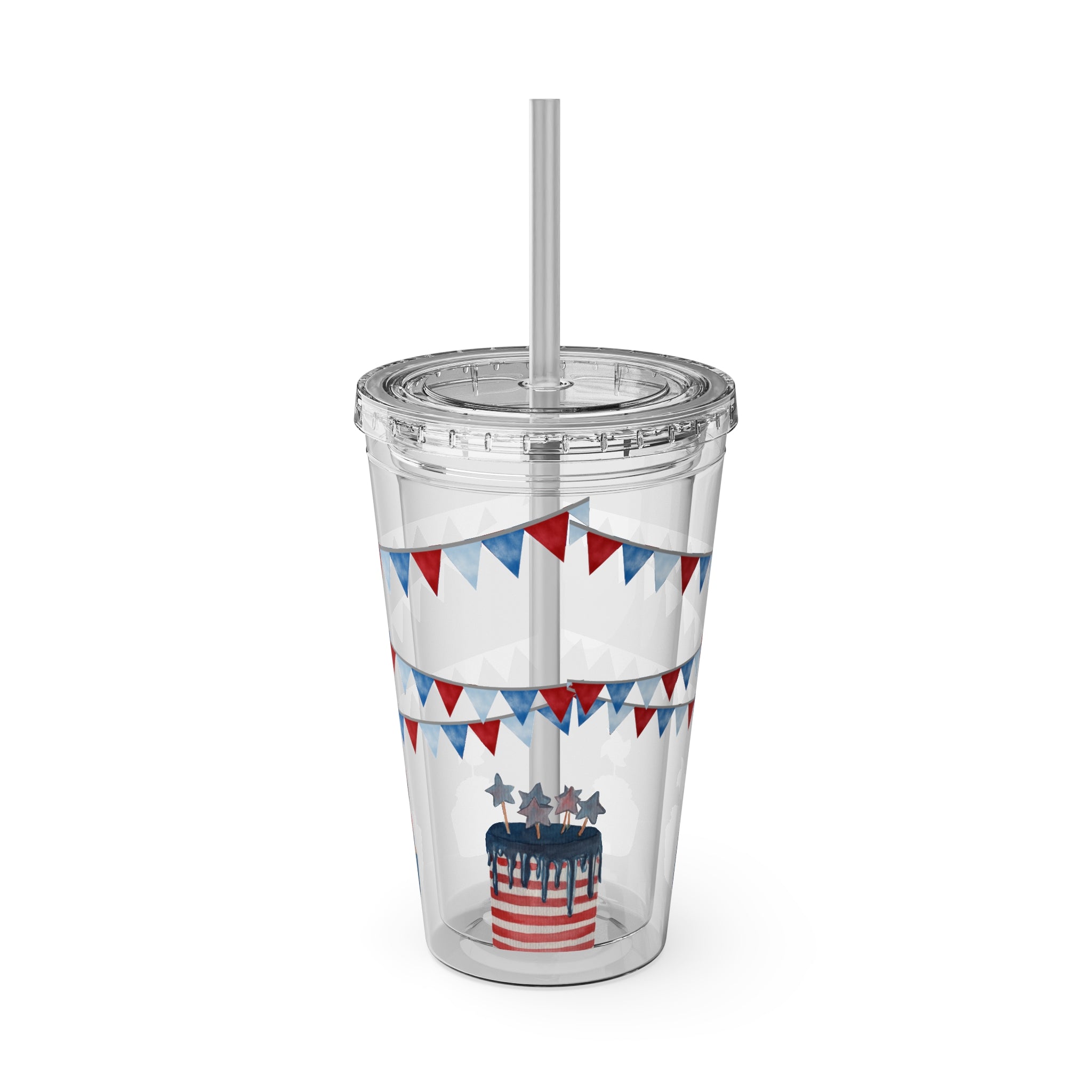 Patriotic Bow 16oz Tumbler with Straw — Red, White & Blue Stars Design