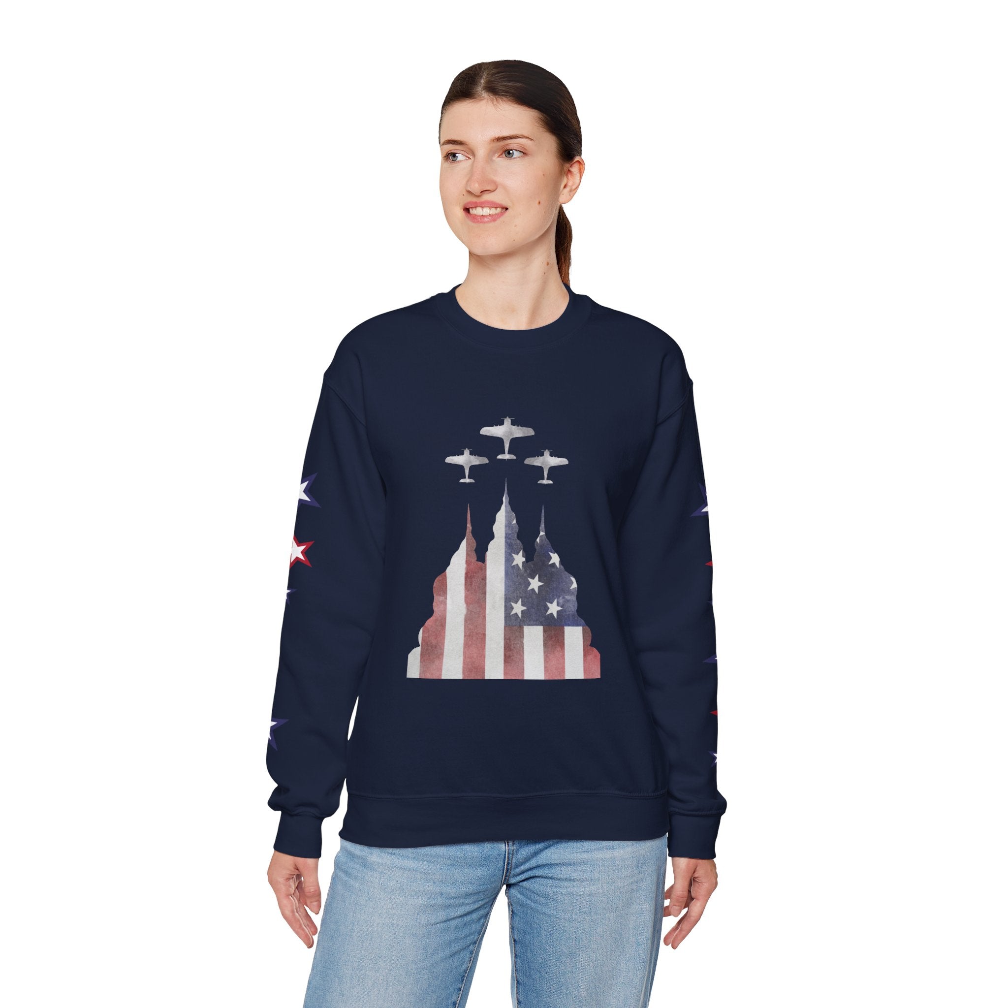 American Flag Castle Crewneck Sweatshirt — Patriotic Stars Sleeve Pullover