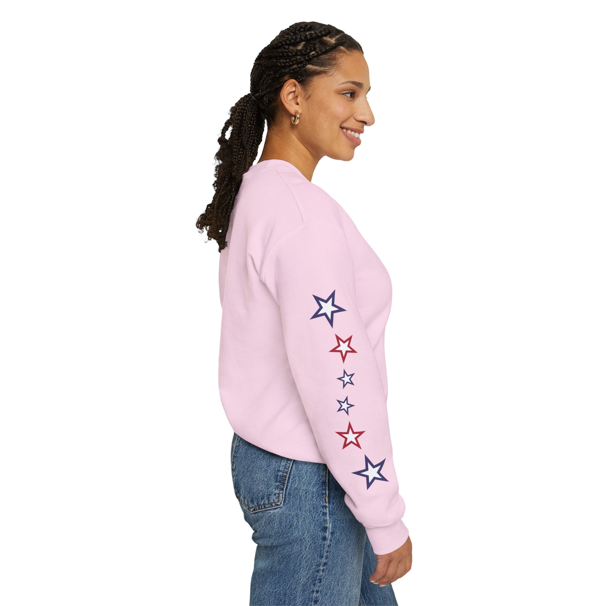 American Flag Castle Crewneck Sweatshirt — Patriotic Stars Sleeve Pullover