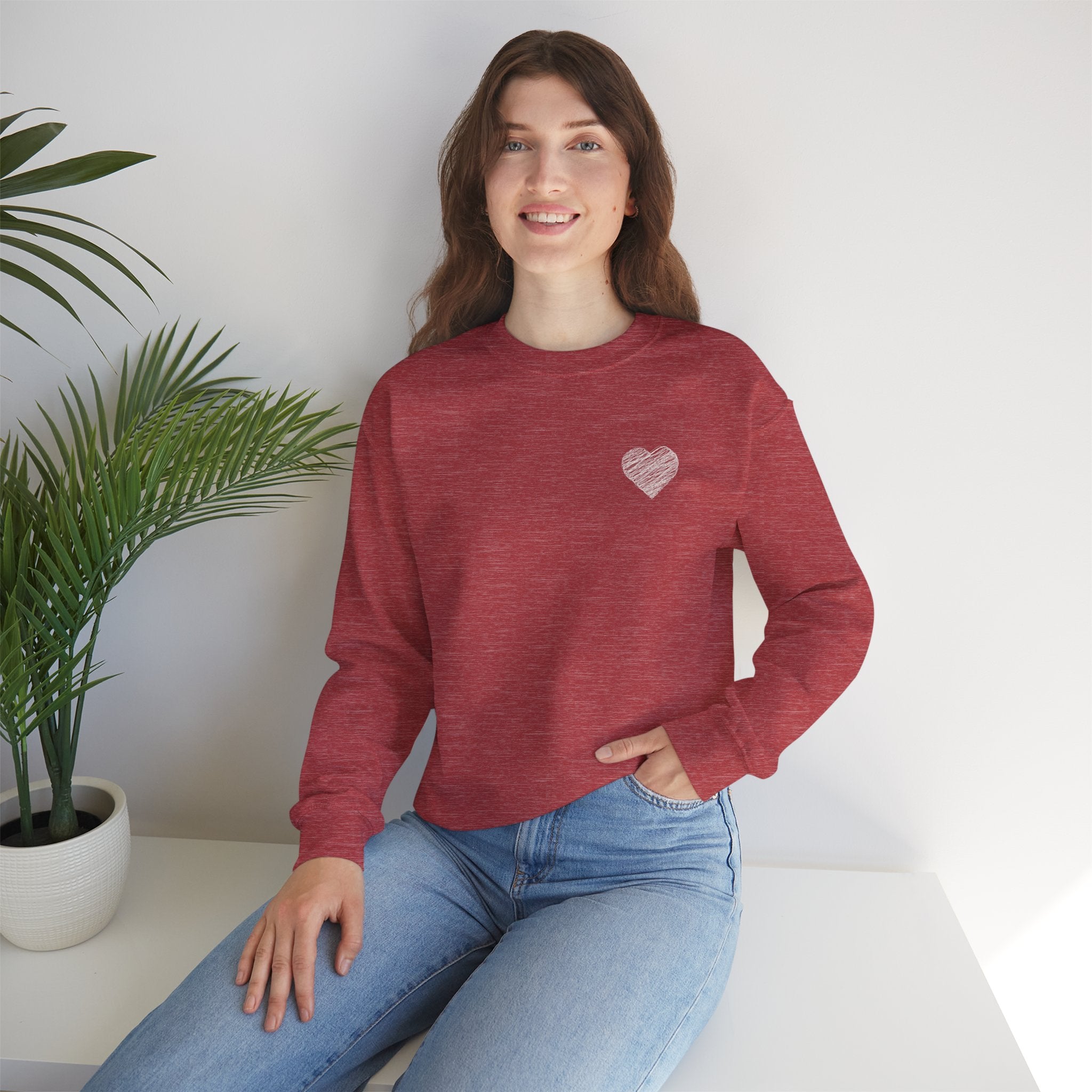 White Crewneck Sweatshirt with Small Gray Heart Chest Design