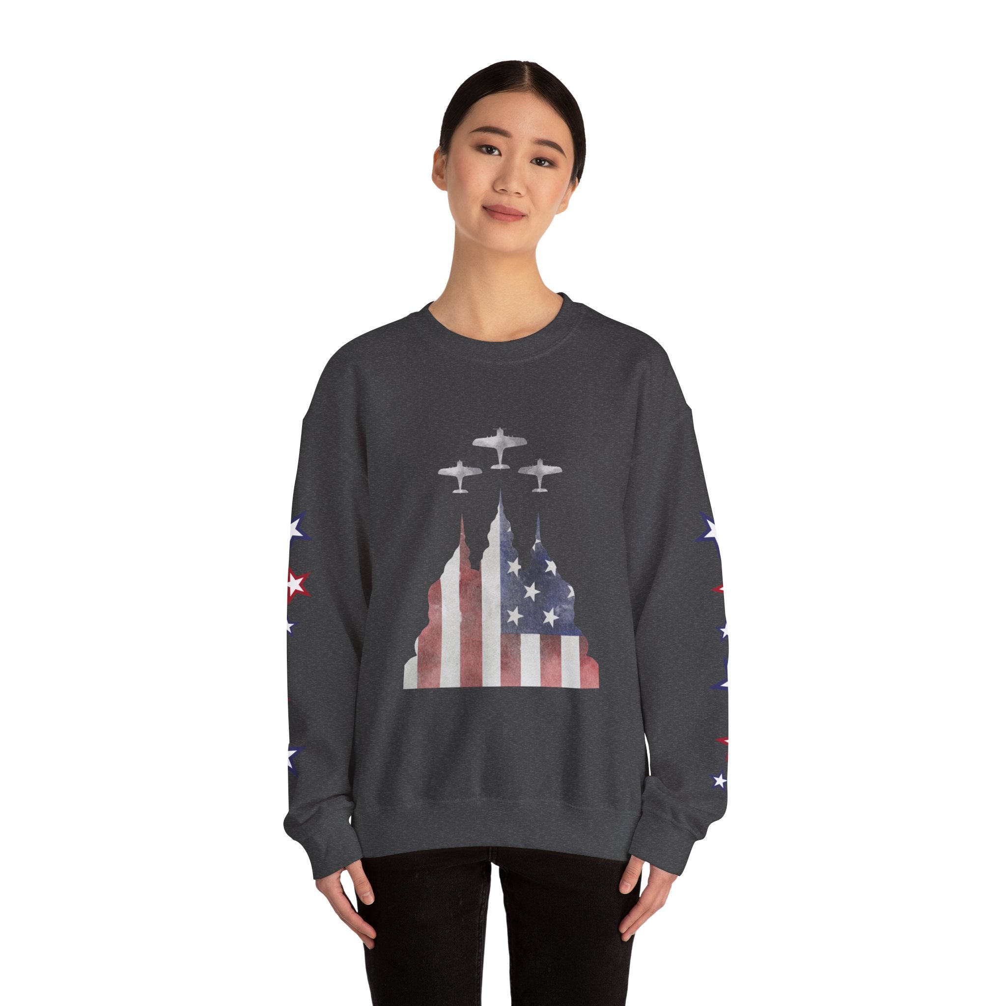American Flag Castle Crewneck Sweatshirt — Patriotic Stars Sleeve Pullover