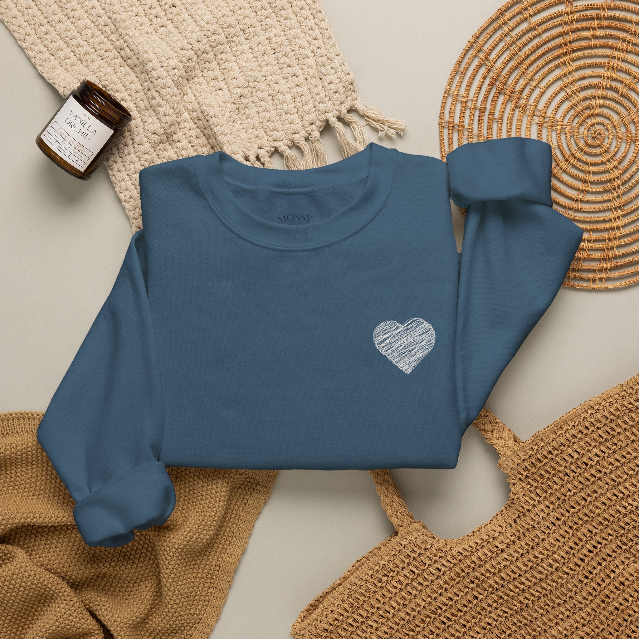 White Crewneck Sweatshirt with Small Gray Heart Chest Design