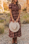 The Cider Orchard Vintage Plaid Knot Front Smocked High Waist Midi Dress for Women