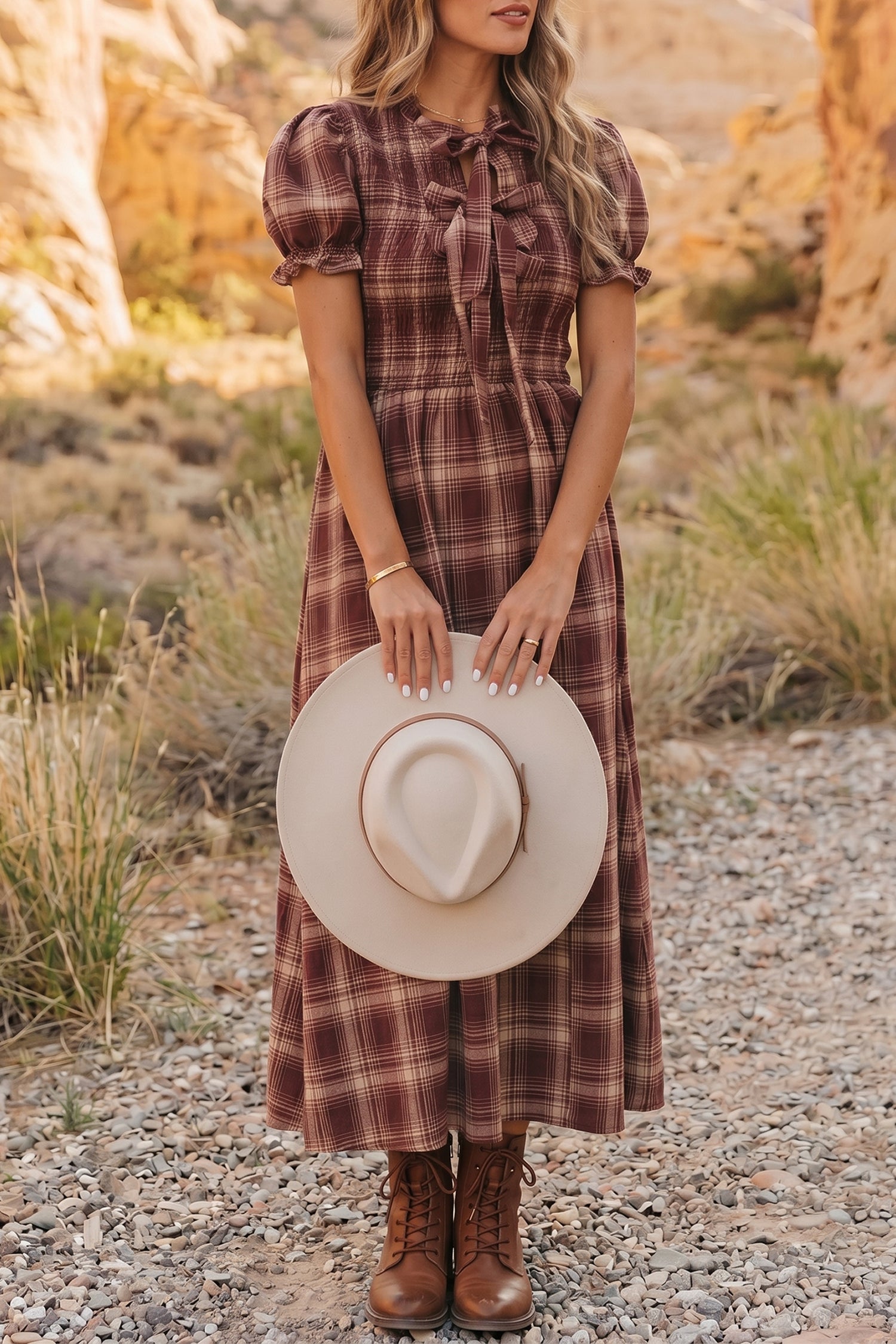 The Cider Orchard Vintage Plaid Knot Front Smocked High Waist Midi Dress for Women