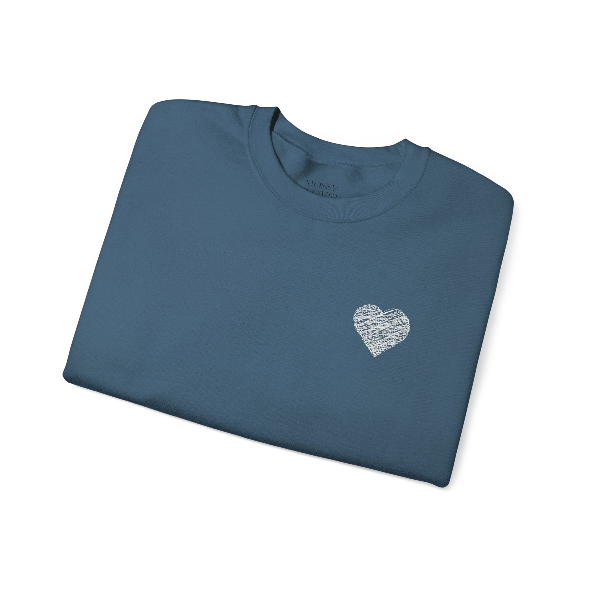 White Crewneck Sweatshirt with Small Gray Heart Chest Design
