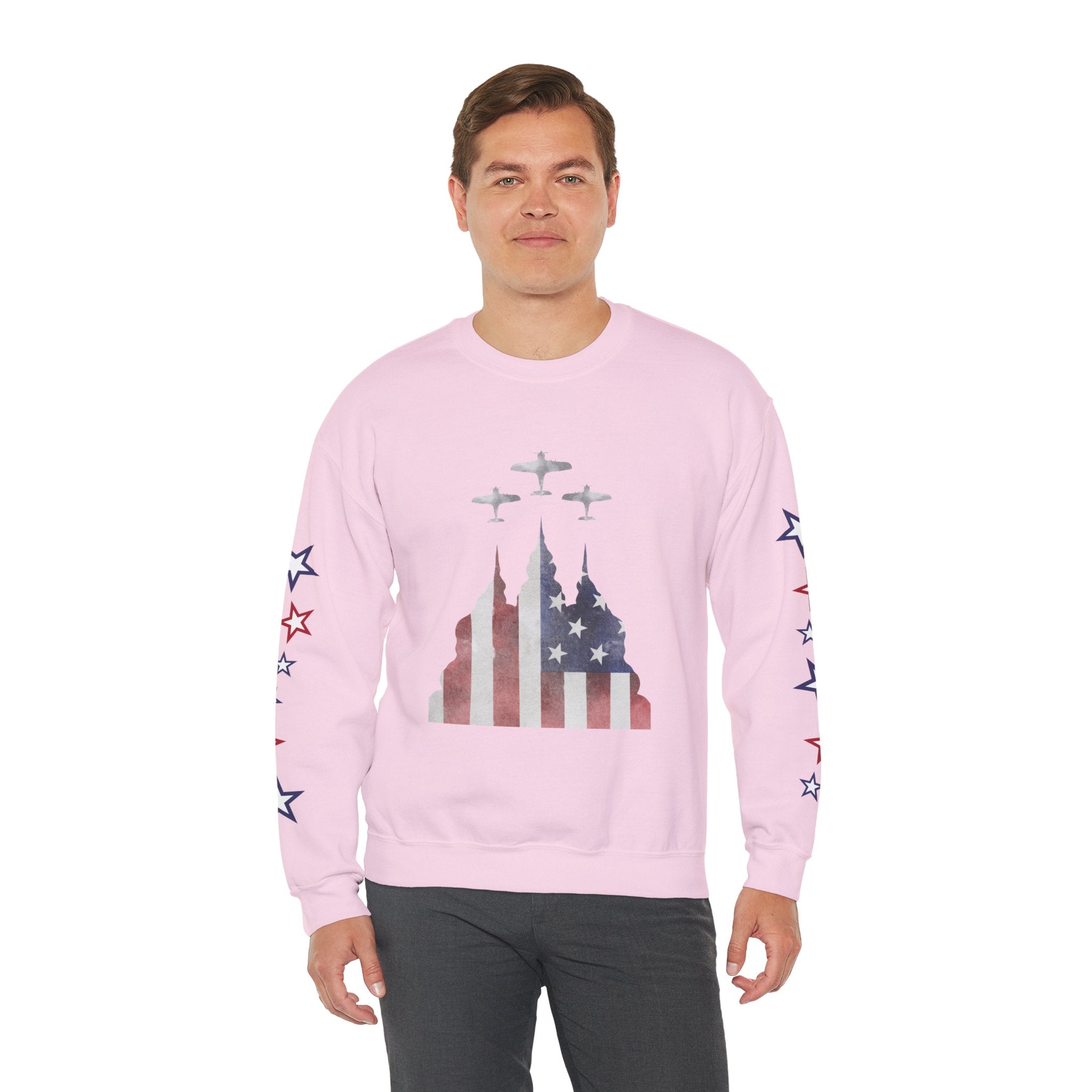 American Flag Castle Crewneck Sweatshirt — Patriotic Stars Sleeve Pullover