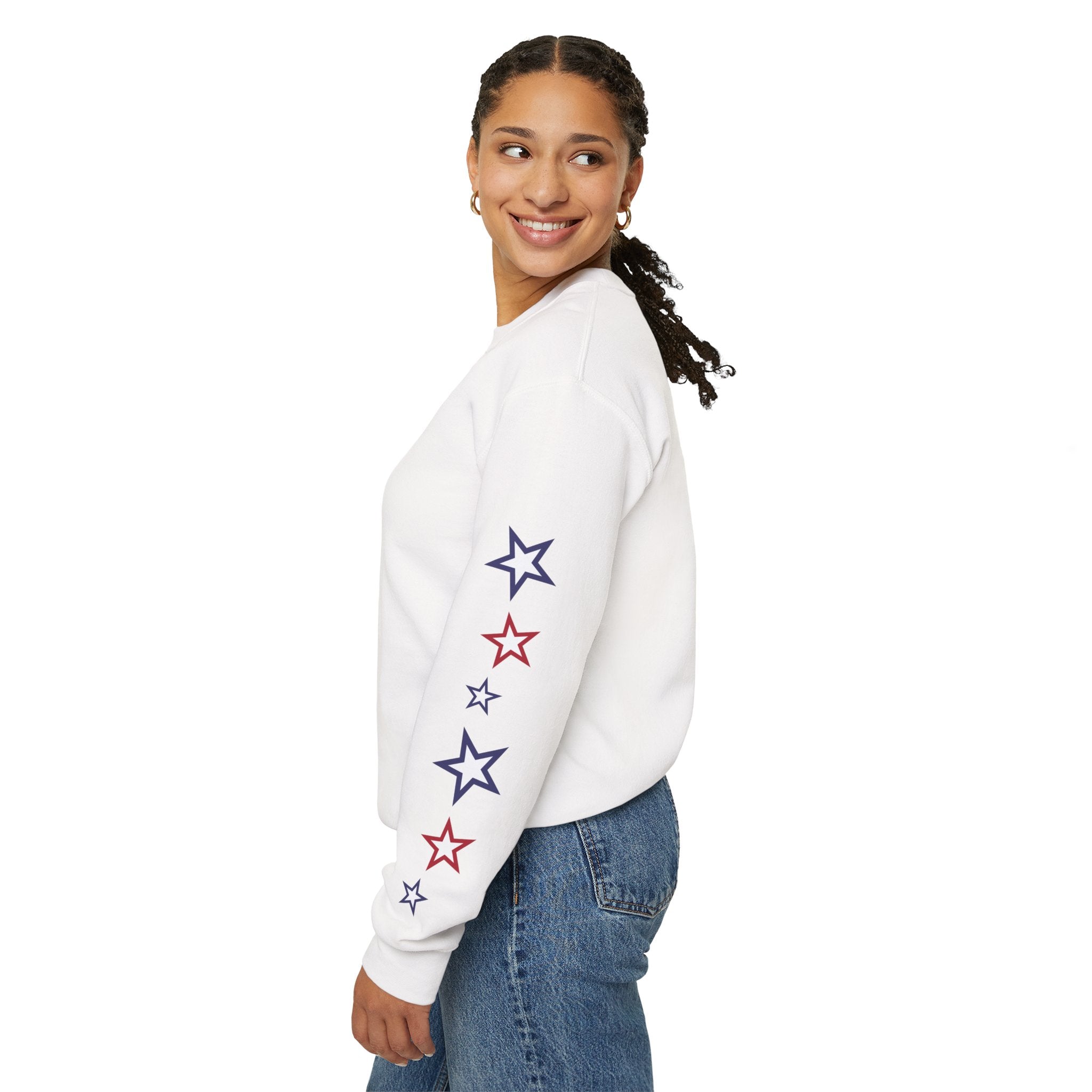 American Flag Castle Crewneck Sweatshirt — Patriotic Stars Sleeve Pullover