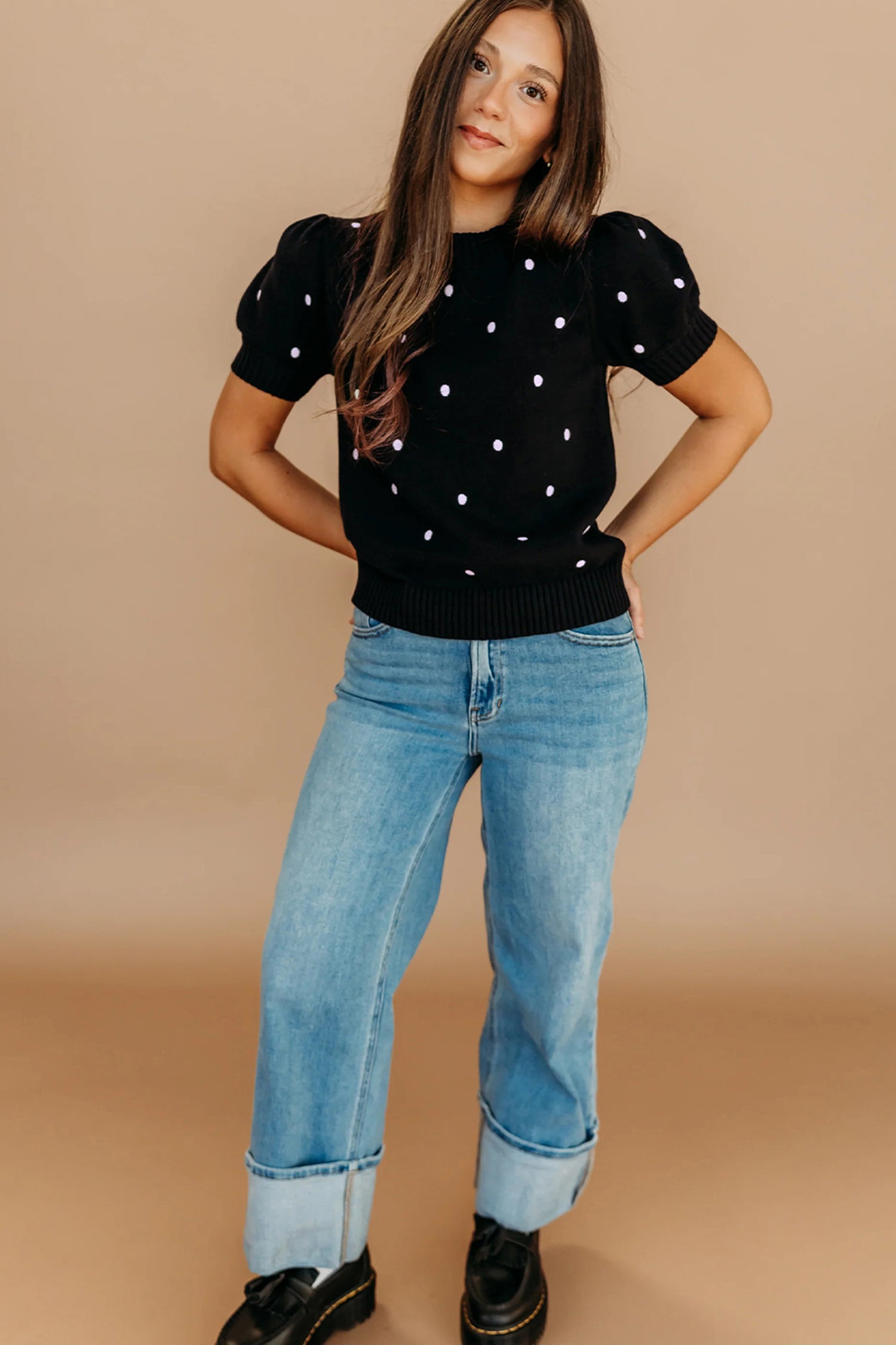 Polka Dot Bubble Short Sleeve Sweater ~ B & W