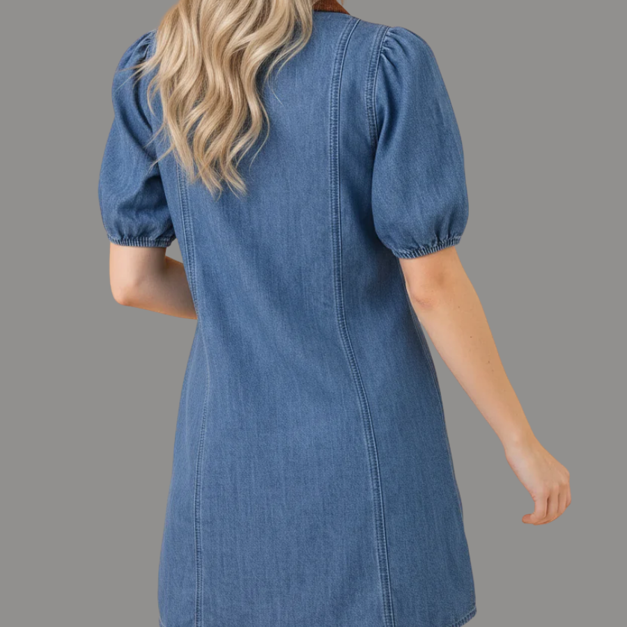 Denim Patchwork Collar Puff Sleeve Buttoned Mini Dress