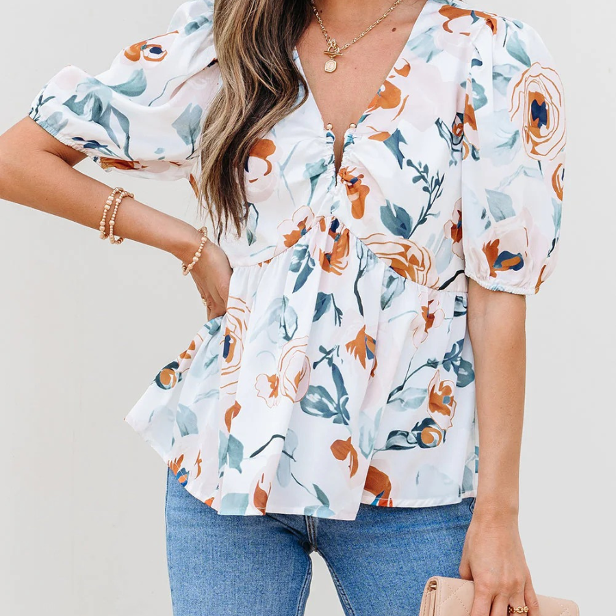 Floral Puff Sleeve V-Neck Babydoll Blouse