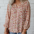 Floral Pleated Notched Neck Puff Sleeve Blouse