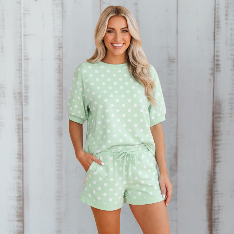 Polka Dot Oversized Top & Drawstring Shorts Set