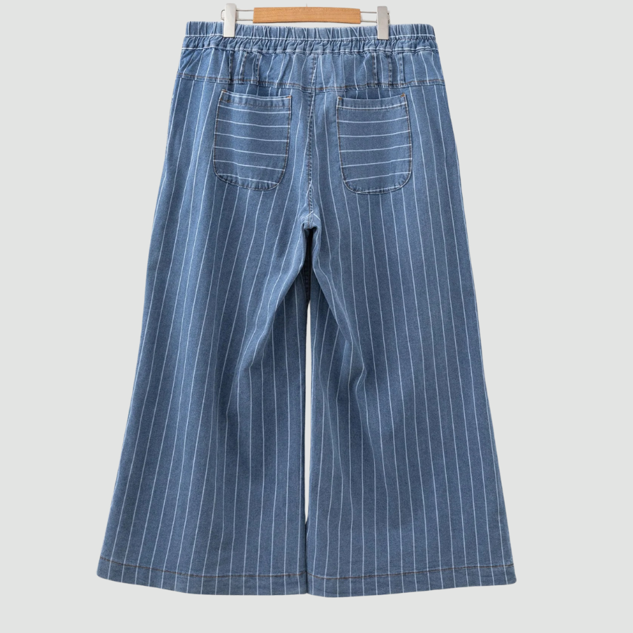 Plus Size Stripe Denim Buttoned Wide Leg Pants