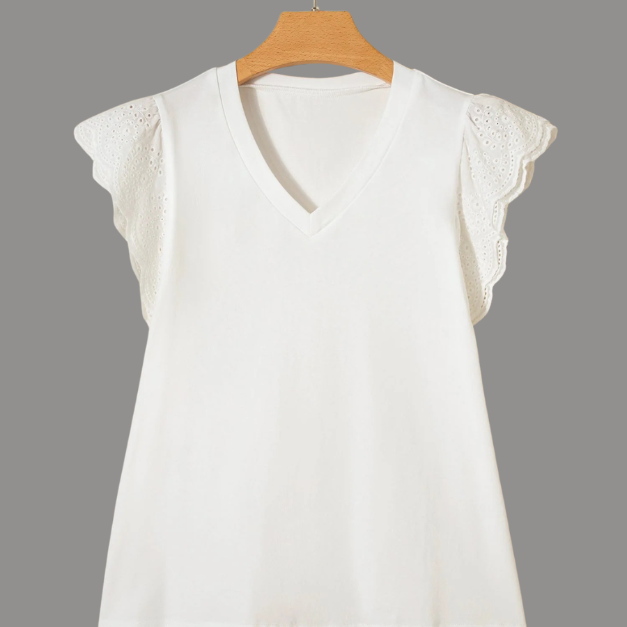 Eyelet Embroidered Flutter Sleeve Patchwork V-Neck Tee