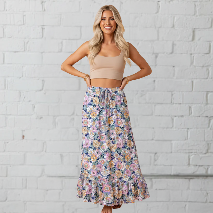 Floral Lace Up High Waist Ruffle Maxi Skirt