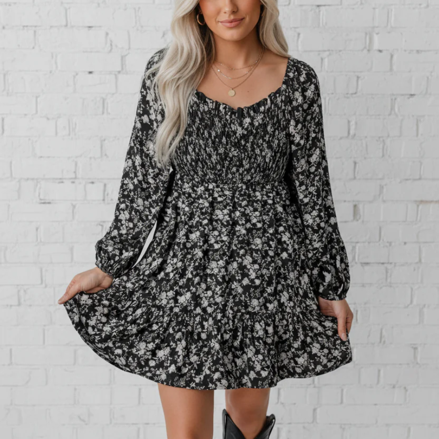 Floral Long Sleeve Frill Square Neck Dress