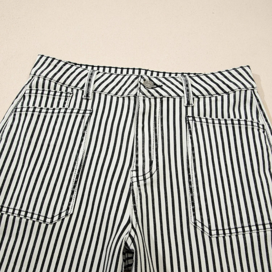 Stripe Denim High Waist Patch Pocket Jeans