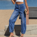 Denim Buttoned Fly Tapered Barrel Leg Jeans