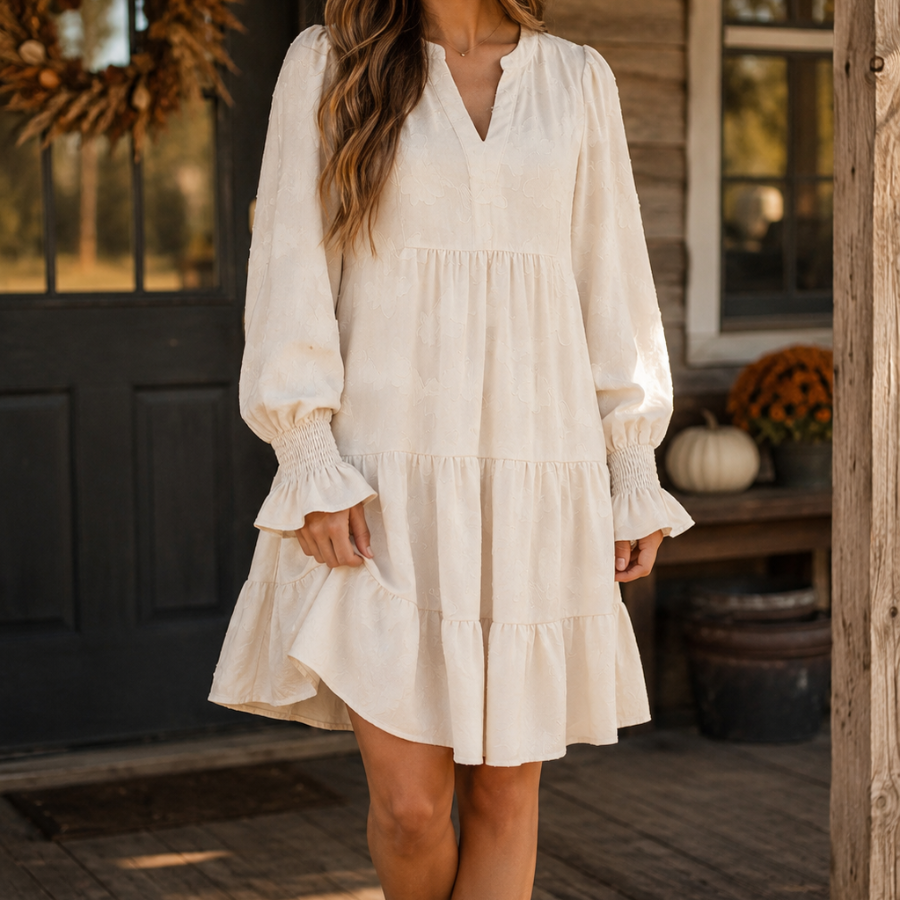 Floral Textured Long Sleeve Tiered Mini Dress