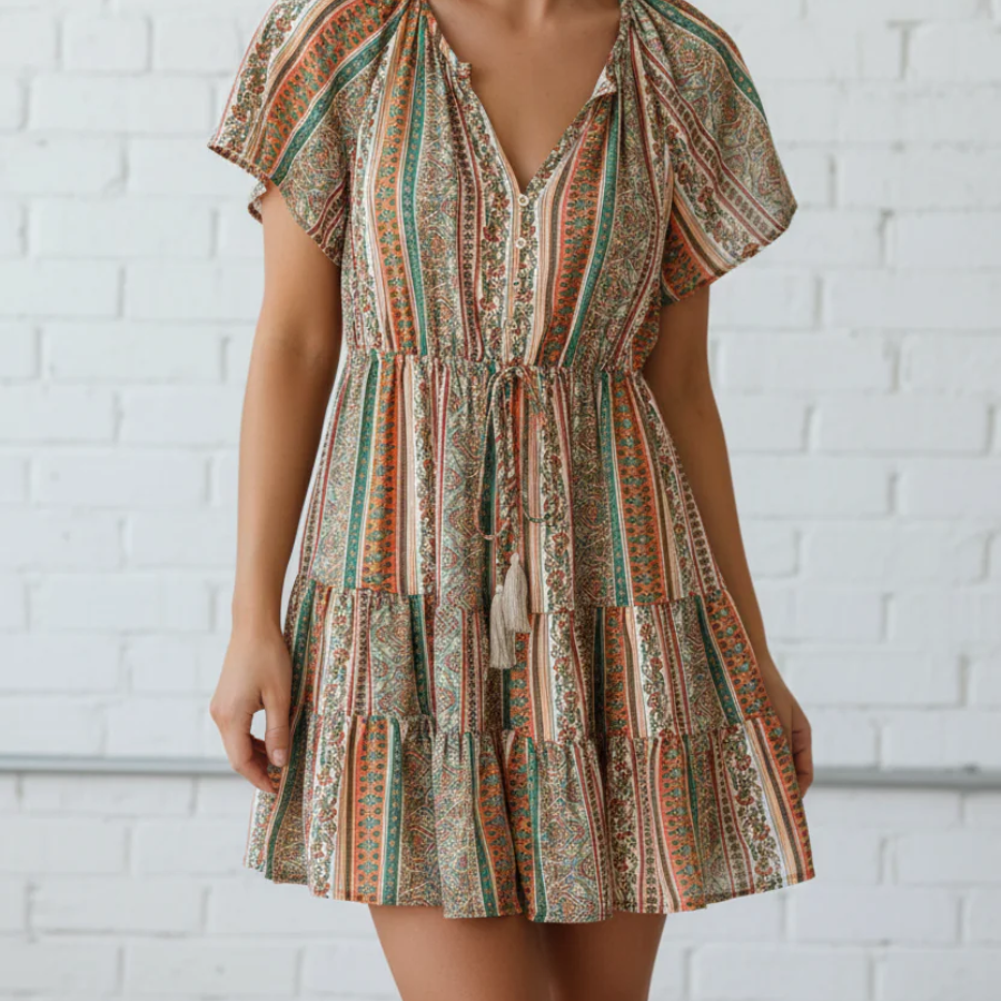 Floral Boho Buttoned V-Neck Ruffle Tiered Dress