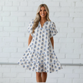 Floral Puff Sleeve Tied Neck Pocketed Mini Dress