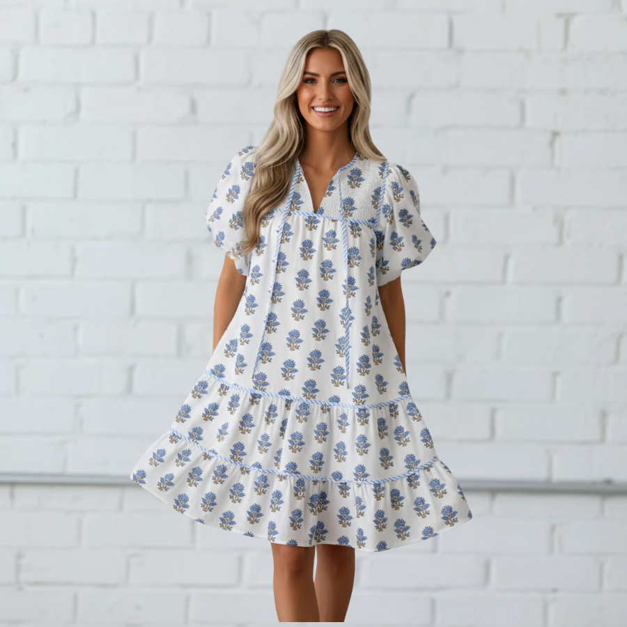 Floral Puff Sleeve Tied Neck Pocketed Mini Dress
