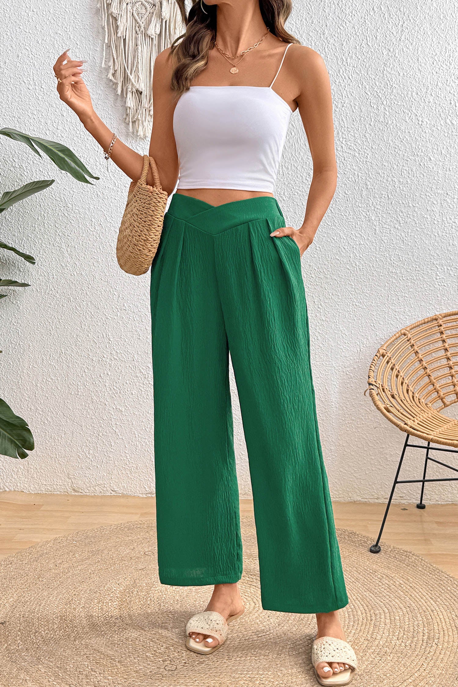 Contour Cross-Waist Trousers — Textured Wide-Leg Pants