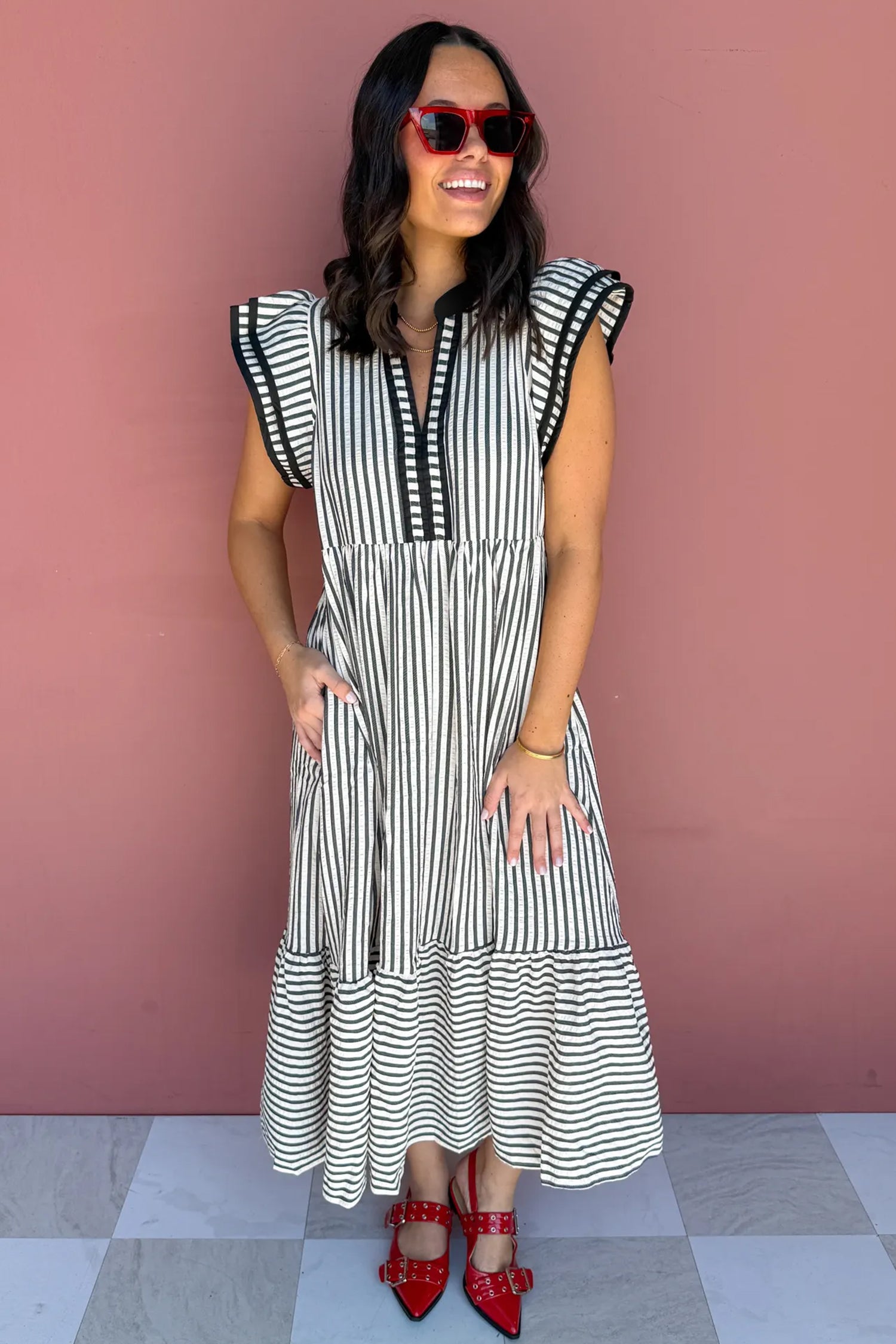 Harbor Stripe Maxi Dress — Tiered V-Neck Dress
