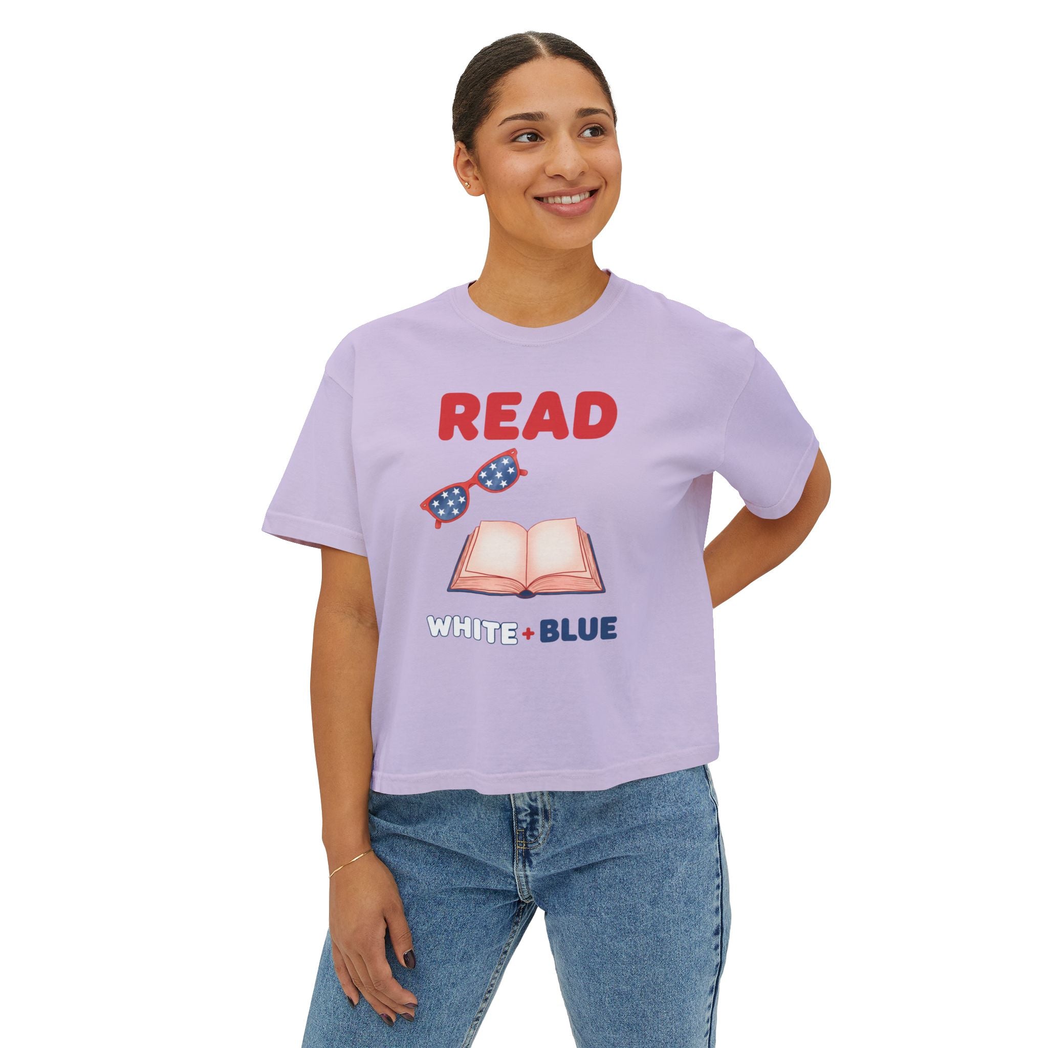 Women's Boxy Tee — "READ White + Blue" Patriotic Book Lover Shirt