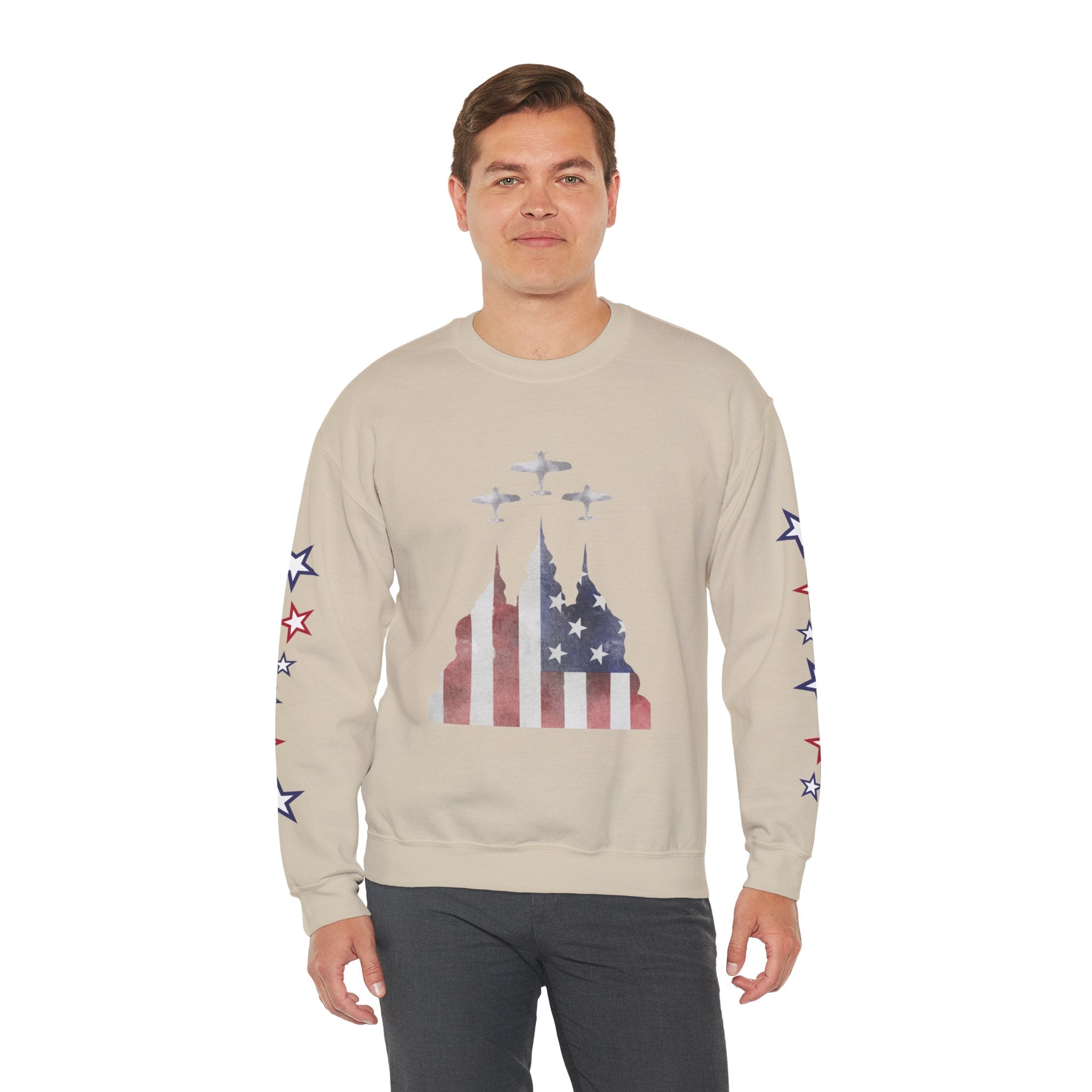 American Flag Castle Crewneck Sweatshirt — Patriotic Stars Sleeve Pullover