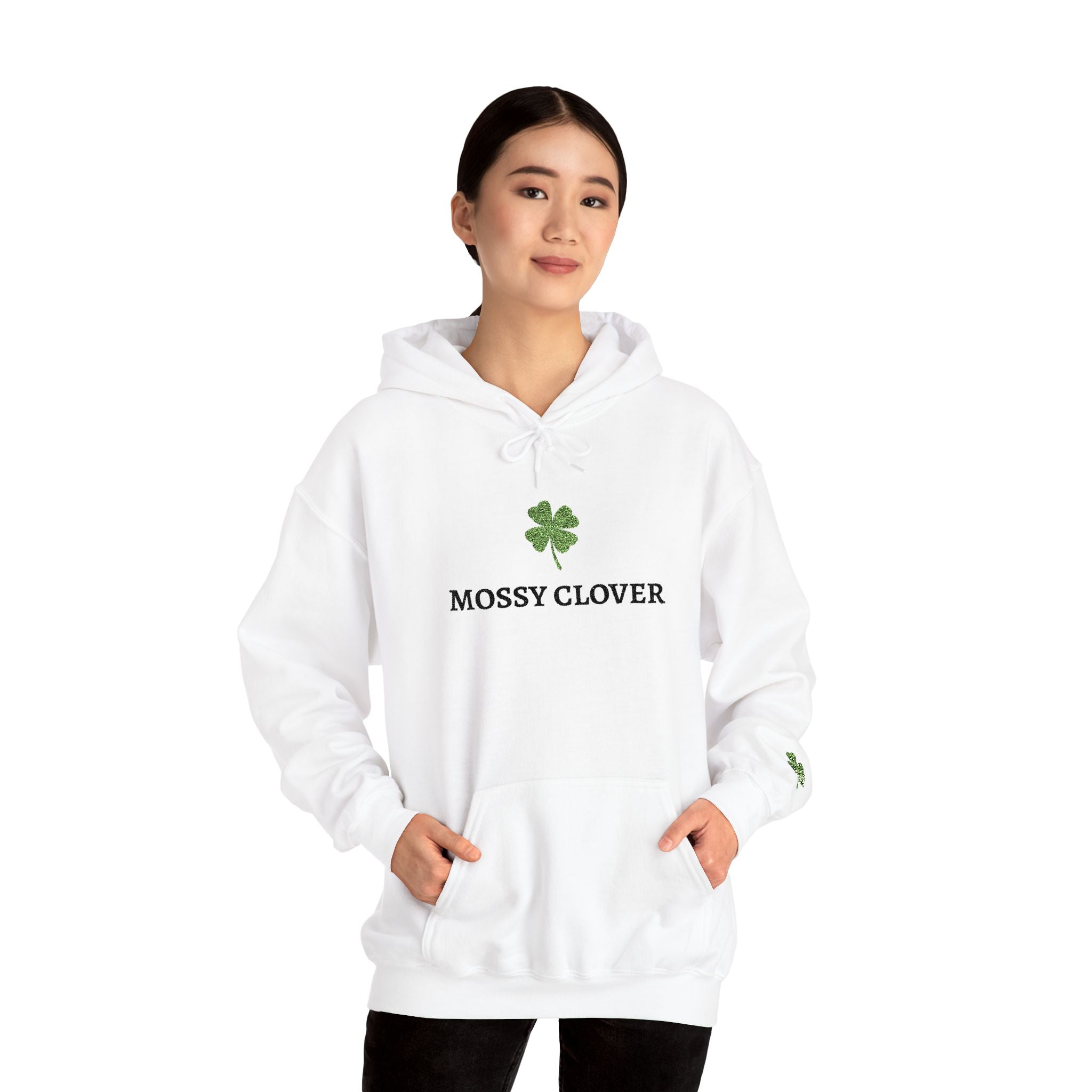 Mossy Clover Hoodie — Embroidered Green Four-Leaf Clover Graphic Pullover