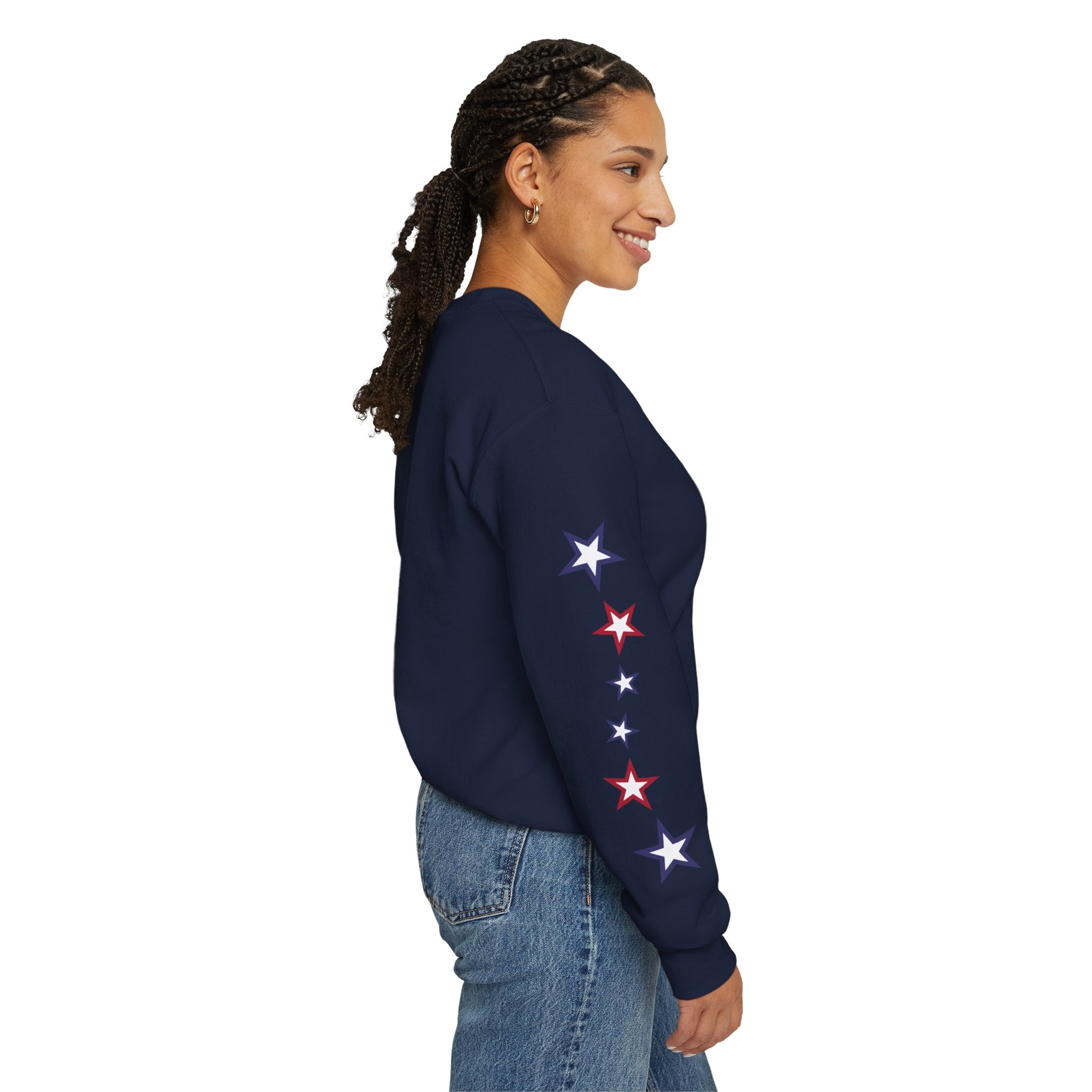 American Flag Castle Crewneck Sweatshirt — Patriotic Stars Sleeve Pullover