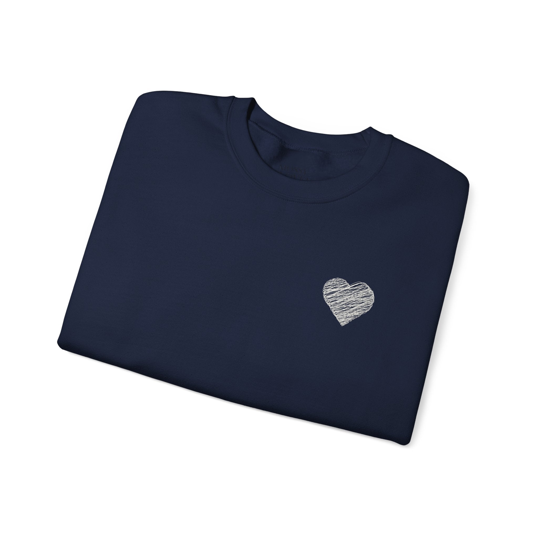 White Crewneck Sweatshirt with Small Gray Heart Chest Design