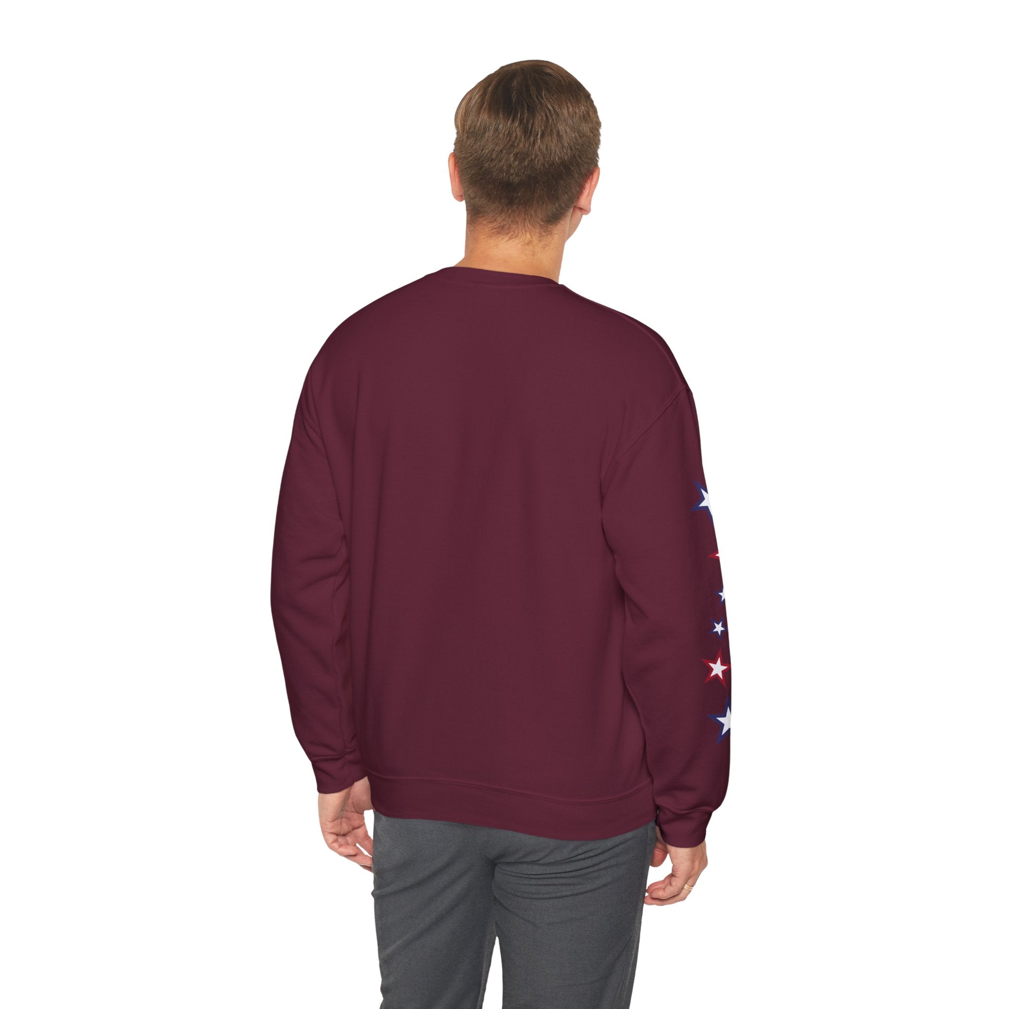 American Flag Castle Crewneck Sweatshirt — Patriotic Stars Sleeve Pullover
