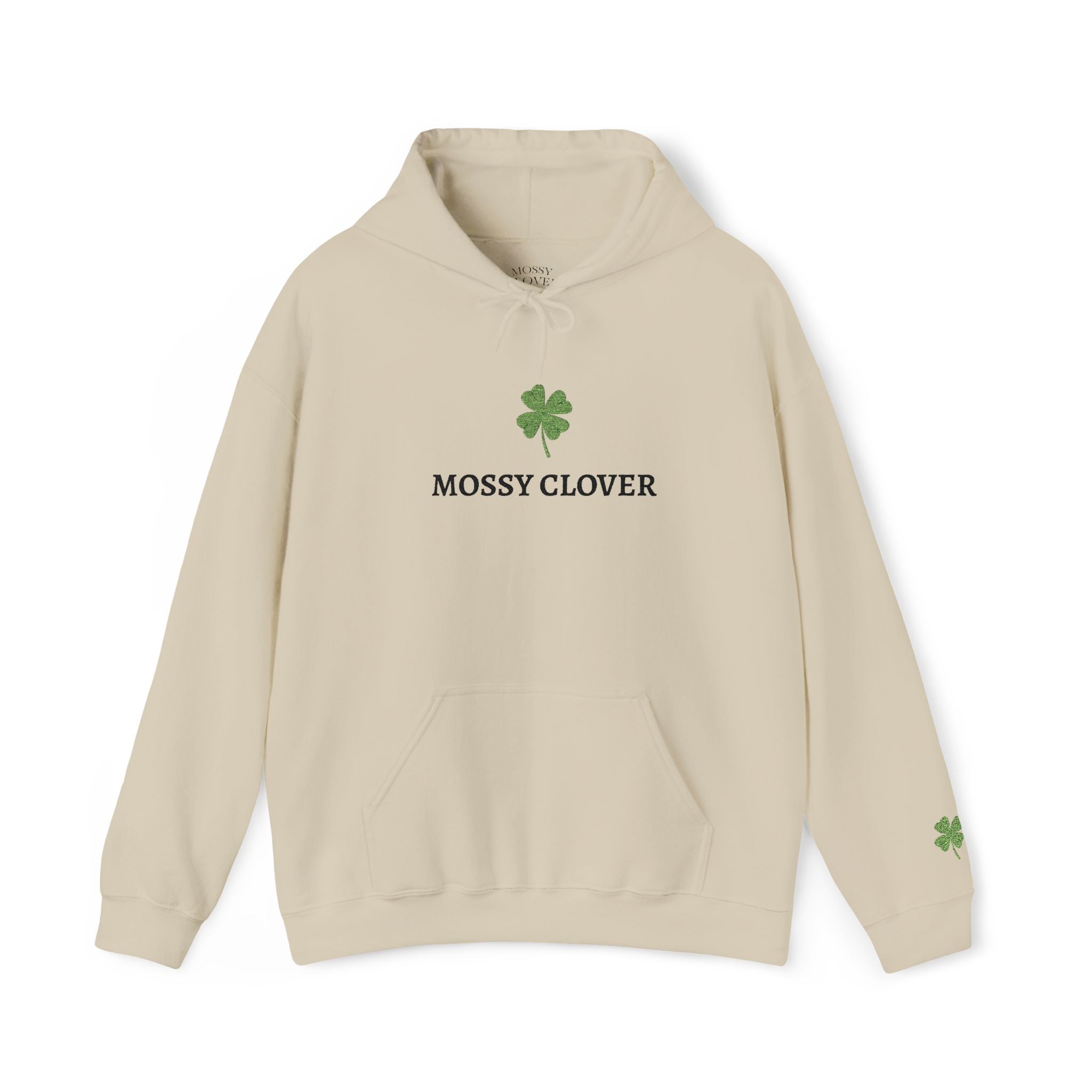 Mossy Clover Hoodie — Embroidered Green Four-Leaf Clover Graphic Pullover