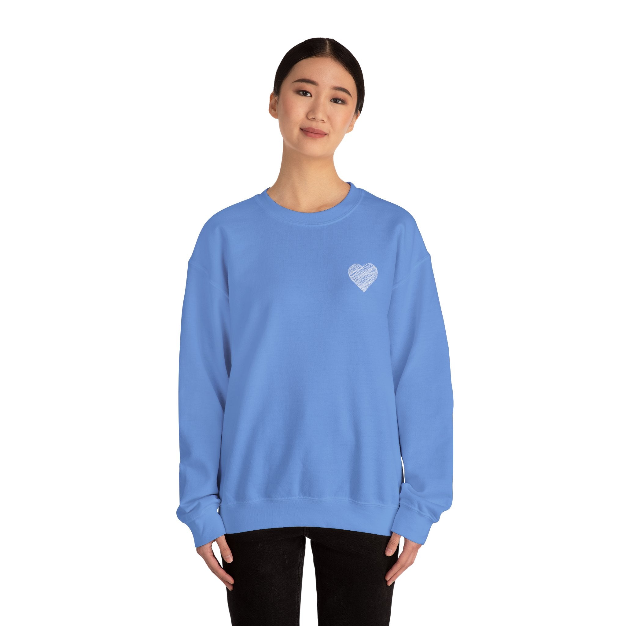 White Crewneck Sweatshirt with Small Gray Heart Chest Design