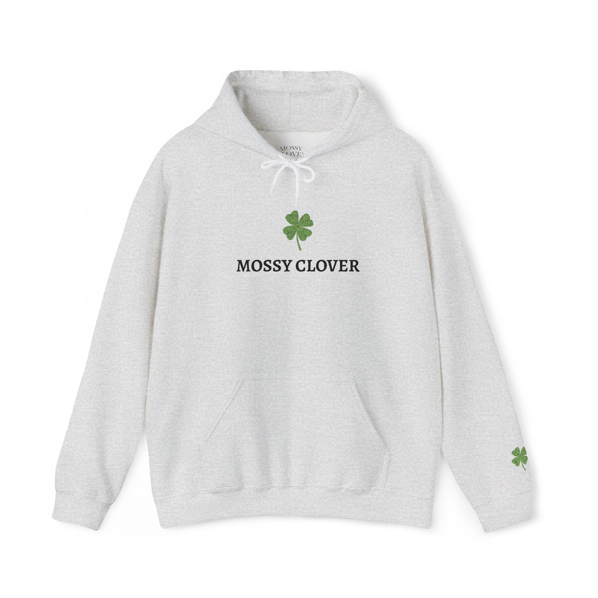 Mossy Clover Hoodie — Embroidered Green Four-Leaf Clover Graphic Pullover