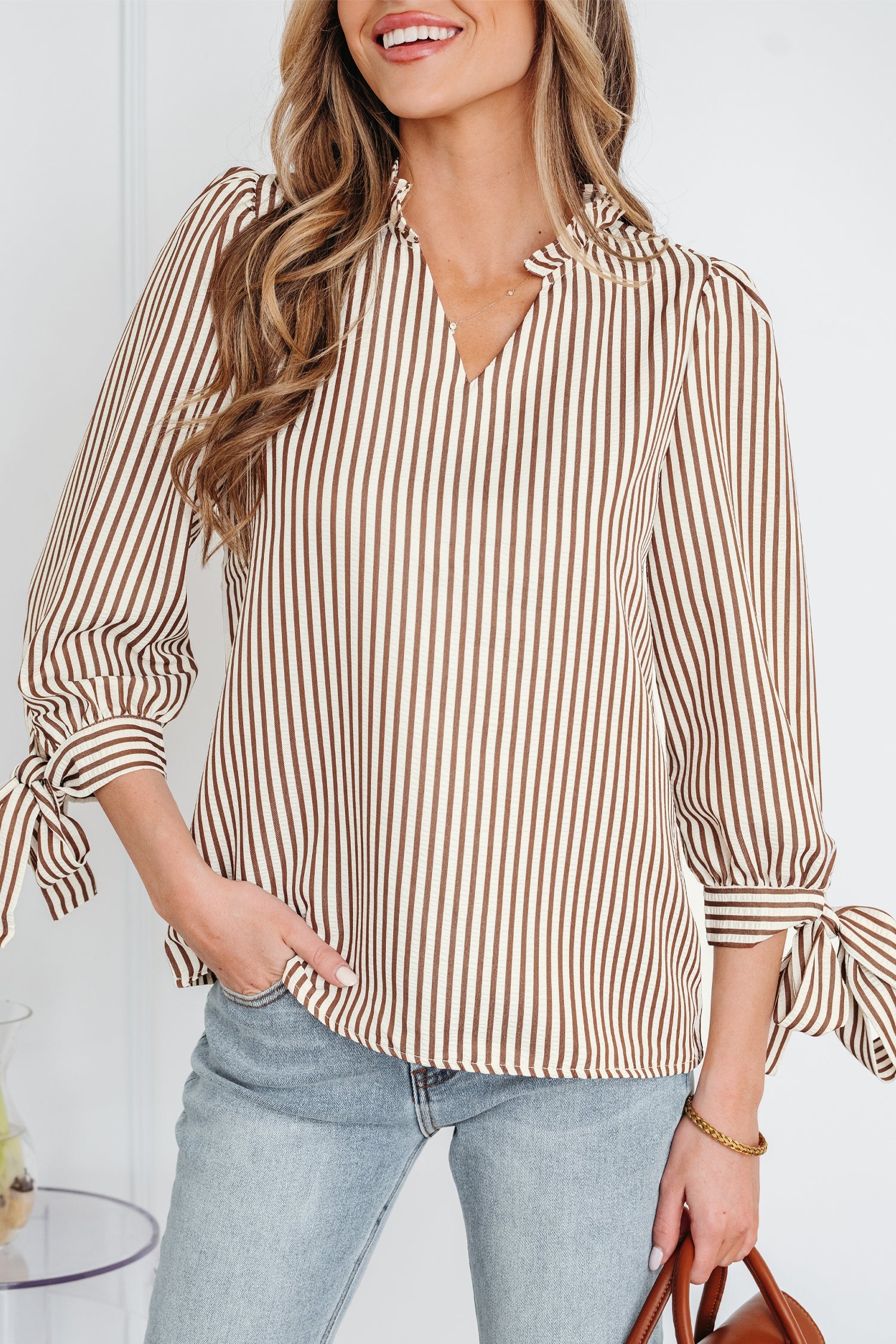 Blair Seersucker Blouse — Tie-Cuff Stripe Top