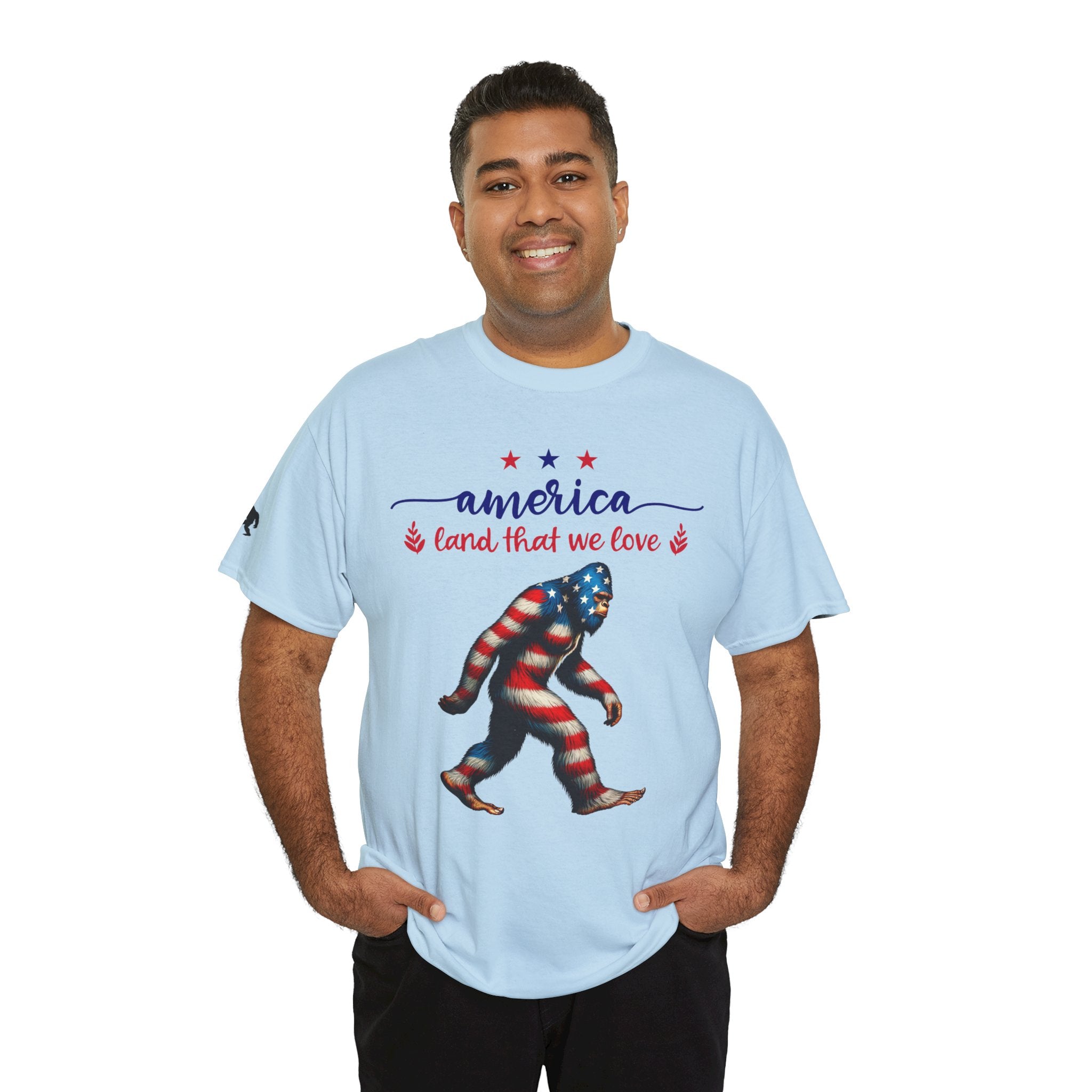 America “Land That We Love” Patriotic T‑Shirt — Flag Sasquatch Graphic Tee
